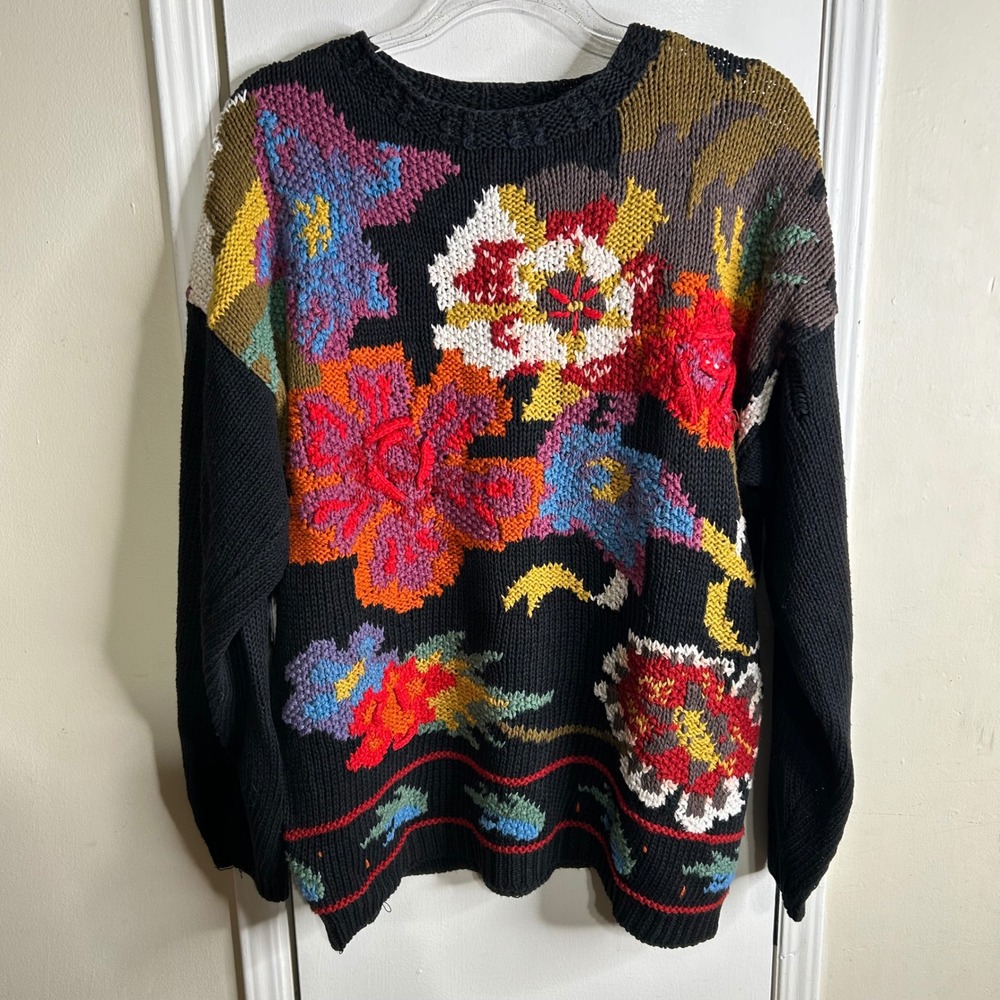 Crystal Kobe Vintage Floral Intarsia Knit Sweater Black Ramie Cotton Large